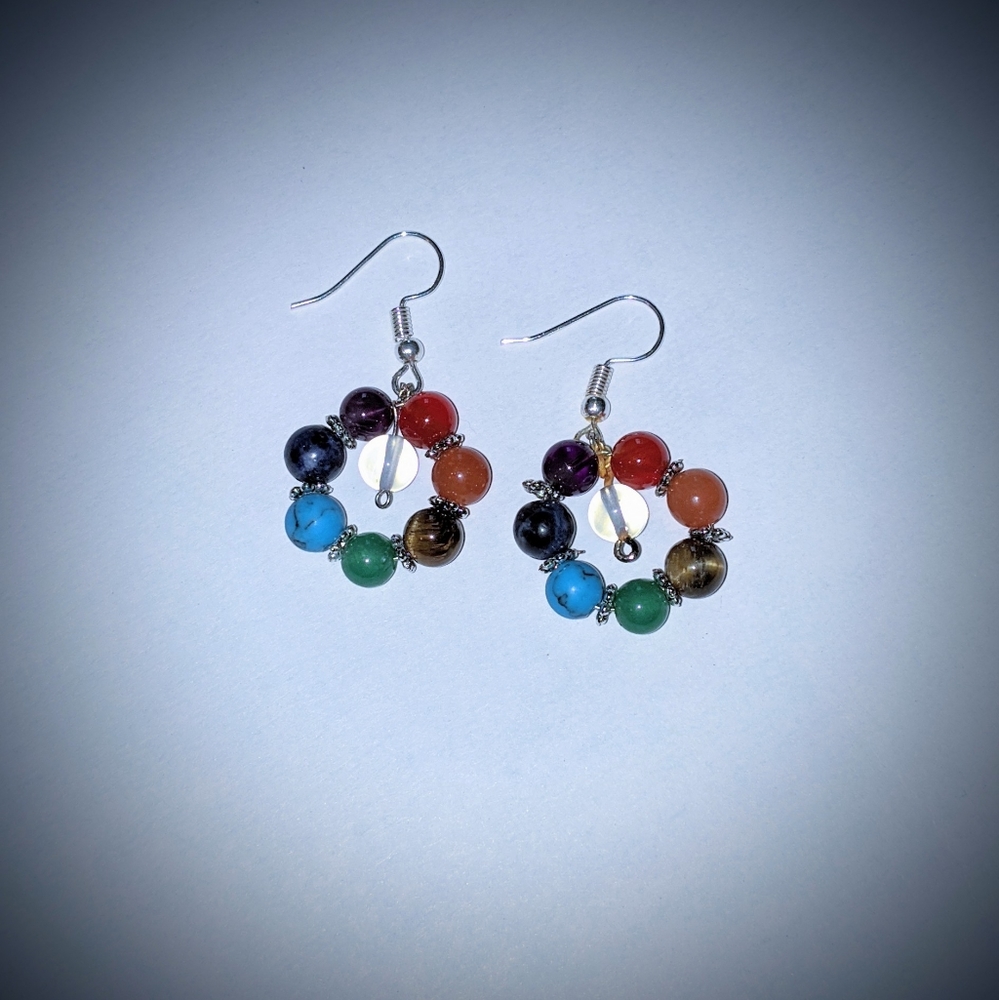 Chakra rainbow small hoop earrings dangle silver